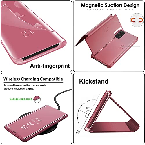 QIWEIQING Compatible with Xiaomi Poco X5 5G Cell Phone Case Clear View Mirror Flip Cover PU Leather with Kickstand Protective Cover Cases for Xiaomi Poco X5 5G. Mirror Rose Gold QH - Image 3