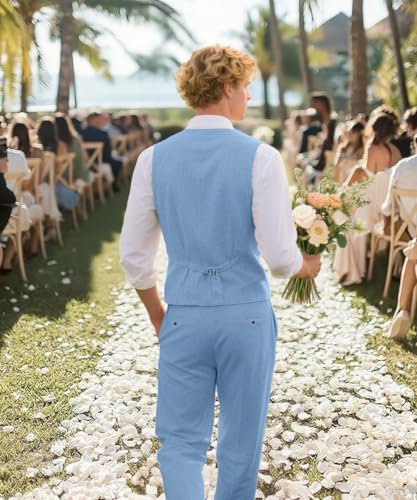 WOMS Mens Linen Suit 2 Piece Casual Summer Suits for Men Groomsmen Beach Wedding Party Vest Pants Suit4