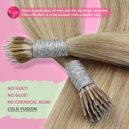Image of YoungSee Nano Bead Hair Extensions Blonde Highlights Nano Ring Hair Extensions Human Hair Dark Ash Blonde Highlight Golden Blonde Pre Bonded Hair Extension Nanolink 22 Inch 50g 50 Strands for Wedding