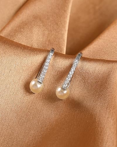 Image of CLARA 925 Sterling Silver Pearl Earrings Gift for Women & Girls | Swiss Zirconia | Screw Back | Minimal Daily Wear | Platinum Plated