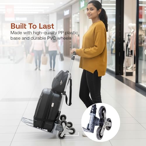 Image of BonKaso 60kg Foldable Stair-Climbing Trolley with 3 Puncture-Proof Wheels | Heavy-Duty Aluminium & ABS Plastic Hand Truck | Luggage Cart for Boxes, Appliances & Travel Use (47.5x44.5x100.5cm) Silver