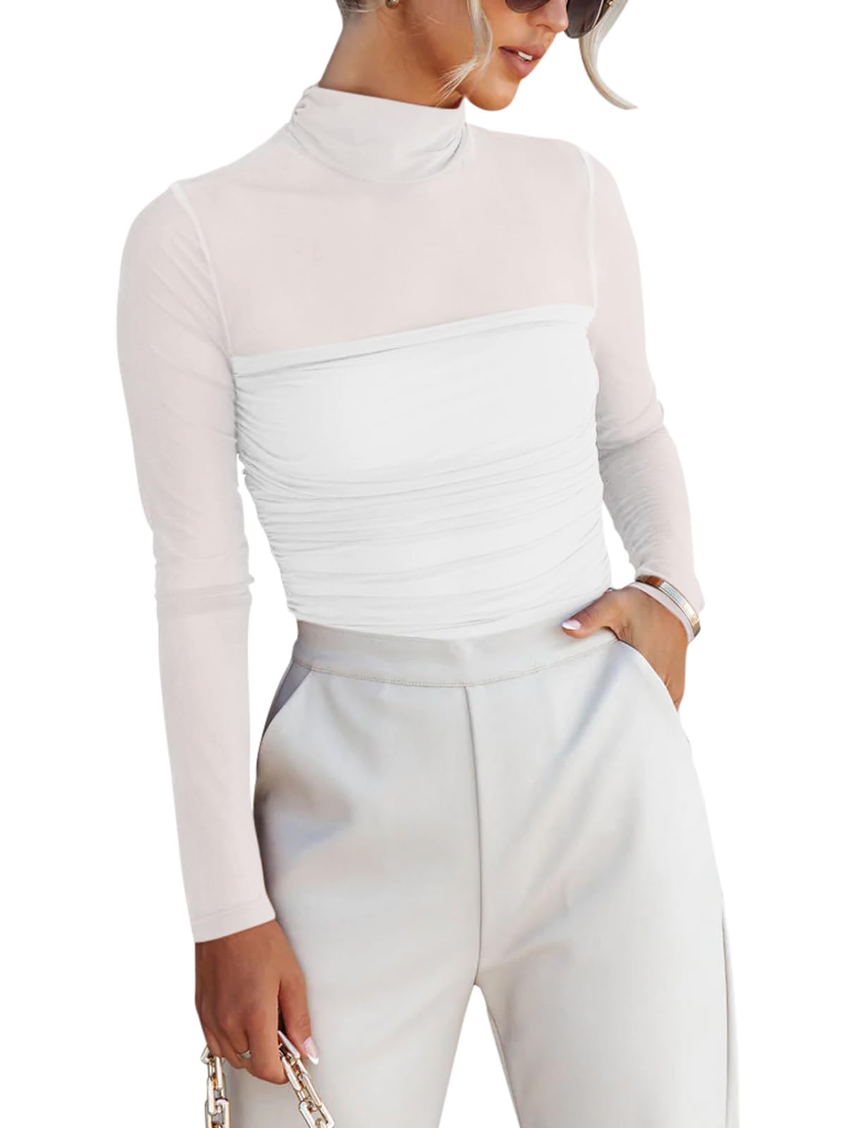 REORIA Women’s Turtle Neck Long Sleeve Sheer Going Out Bodysuit