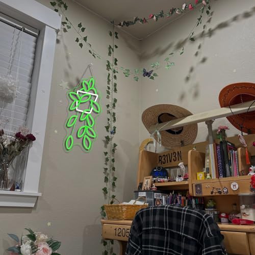 Image of Pothos Pots Neon Sign Botanical LED Wall Decor for Plant Shops, Home Gardens & Green Spaces, USB-Powered with Adjustable Brightness Design