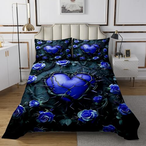 Manfei Love Heart Kids Bedspread King Size,Roses Flowers Dead Branches Trippy Coverlet Set,Boys Girls Room Decor,Psychedelic Halloween Theme Quilted Coverlet,Blue Black Bedding Quilt,2 Pillowcases