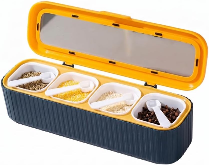 Clear Seasoning Box, 4PCS Seasoning Rack Spice Pots, Storage Container Condiment Jars Seasoning Box with Clear Covers and Spoons for Spice, Sugar, Salt, Pepper, Garlic Powder (Blue)
