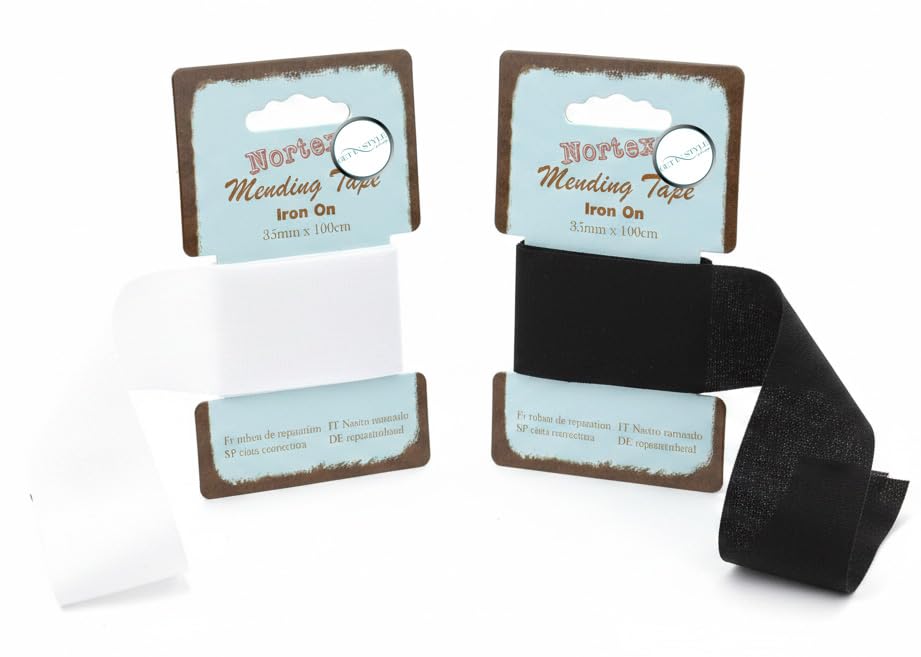 GETINSTYLE SHOP 2x Nor Tex Iron On Fabric Repair Tape Rolls Black & White, 100% Cotton No-Sew Mending Tape 35mm x 100cm – Bundled