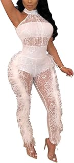Womens Sexy Halter Neck See Through Bodycon Feather Side Lace Jumpsuit Clubwear