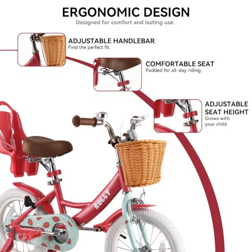 Image of RULLY Fruit Kids Bike 12 14 16 Inch Bicycle for Girls Ages 2-7 Years, Training Wheels Included, Girl Bikes with Basket & Doll Seat