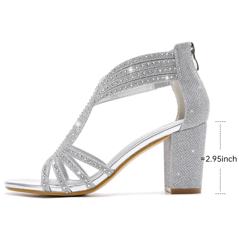 Women's Rhinestone Sparkly Chunky Block Heel Sandals Open Toe Dressy Shoes with Zipper Closure for Wedding Prom Homecoming Hoco Formal Events4