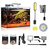 Small Aquarium Set Glass 2.6 Gallon Fish Tank, Starter Kit with Heater Self Cleaning System Efficiency Filter Bright Light Rocks Gravel Cleaning Tool, Leak-Proof Ultra-Clear Rimless Desktop Betta Tank