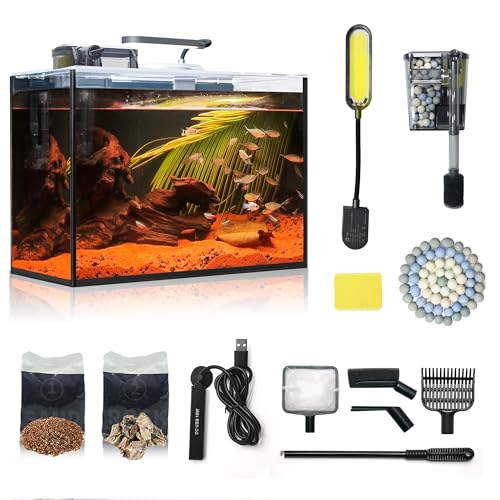 Small Aquarium Set Glass 2.6 Gallon Fish Tank, Starter Kit with Heater Self Cleaning System Efficiency Filter Bright Light Rocks Gravel Cleaning Tool, Leak-Proof Ultra-Clear Rimless Desktop Betta Tank