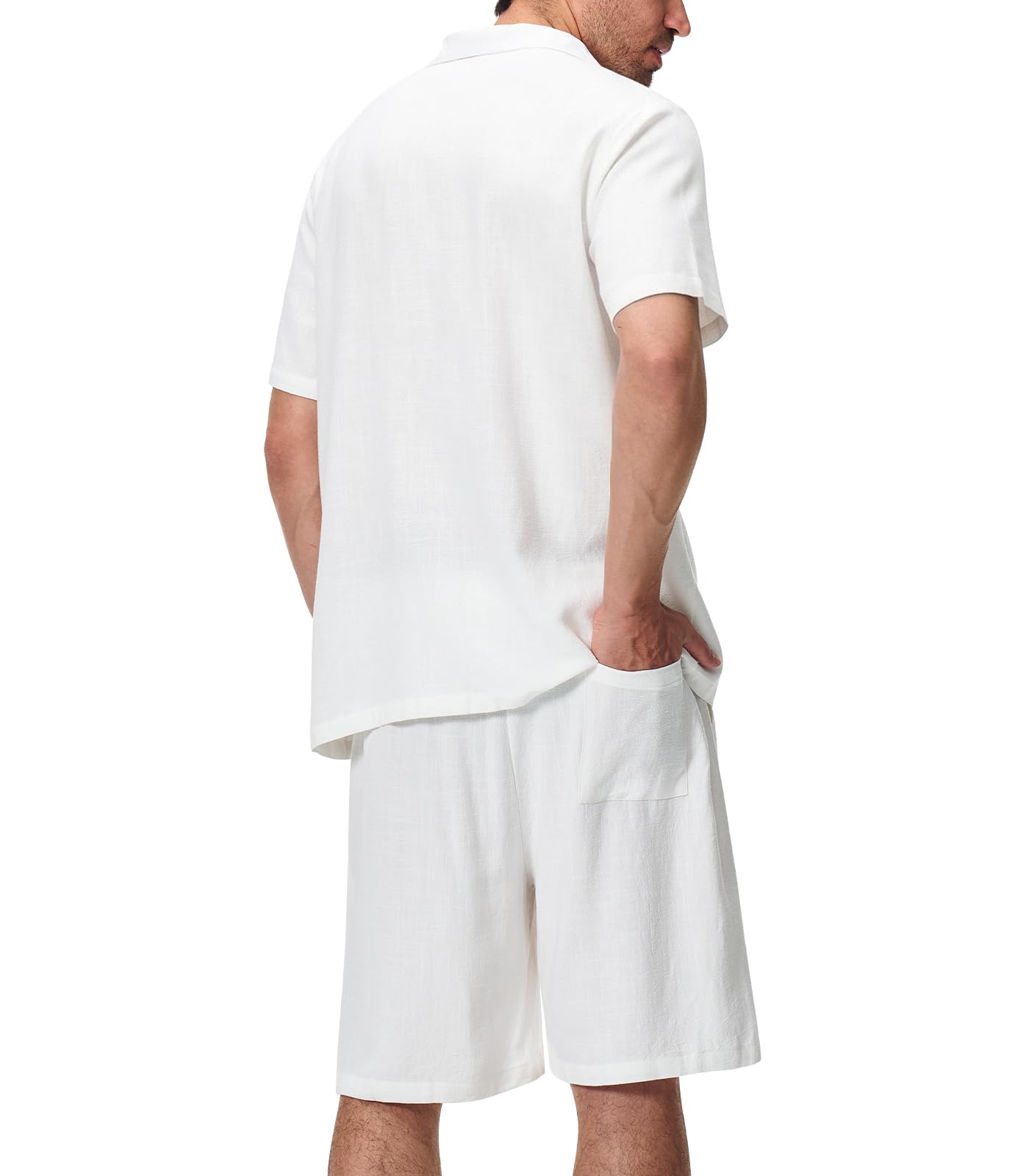 Suwangi Uomo Completi Manica Corta Bottone Camicia e Pantaloncini Estate Spiaggia 2 Pezzi in Lino con Tasche