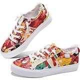 Obtaom Womens Floral Play Canvas Sneakers Cute Tie Dye Slip on Shoes Comfortable Multi Floral Print Canvas Sneakers for Fashion Lady(Red/Pink,US9)