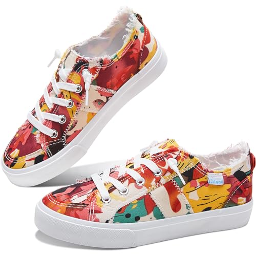 Obtaom Womens Floral Play Canvas Sneakers Cute Tie...