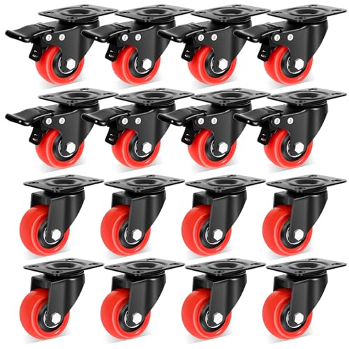 Nefish 2 Inch Heavy Duty Casters Wheels (16 Pack), Top Plate Castor Wheels with Brake, 360 Degree Durable Locking Swivel Cabinet Wheels, No Noise Polyurethane Wheels for Cart, Workbench