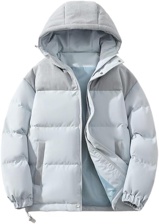 Mens Hooded Colorblock Corduroy Down Jacket Winter Thick Warm Comfortable Puffer Coat