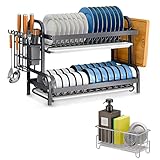 Chemlip Escurridor de Platos con Organizador, con dispensador jabon, escurreplatos sobre Fregadero con Accesorio, Cocina, Acero Inoxidable 2 Niveles.