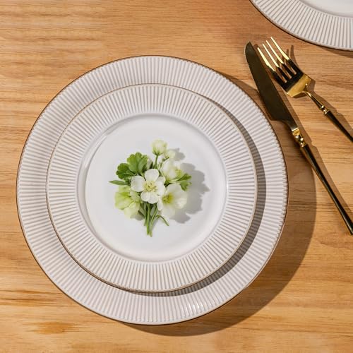 Image of GBHOME Ceramic Dinnerware Sets,12 pcs Embossed Elegant Stoneware Plates and Bowls Sets, Housewarming Wedding Gift | Dishwasher & Microwave Safe | Dishes Set Service for 4