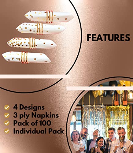 Winoo Design PT4 100 Pk Gold Napkins - 4 Assorted Designs - 3-Ply Cocktail Napkins Folded 5 X 5 Inches Bar Napkins Disposable Party Napkins Paper Napkins Dinner thumb #3