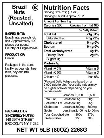 Sincerely Nuts Brazil Nuts Roasted and Unsalted - Five lbs. Bag | Premium Healthy Snack Food | Whole, Kosher, Vegan, Gluten Free | Gourmet Snack | Great Source of Protein, Vitamins & Minerals