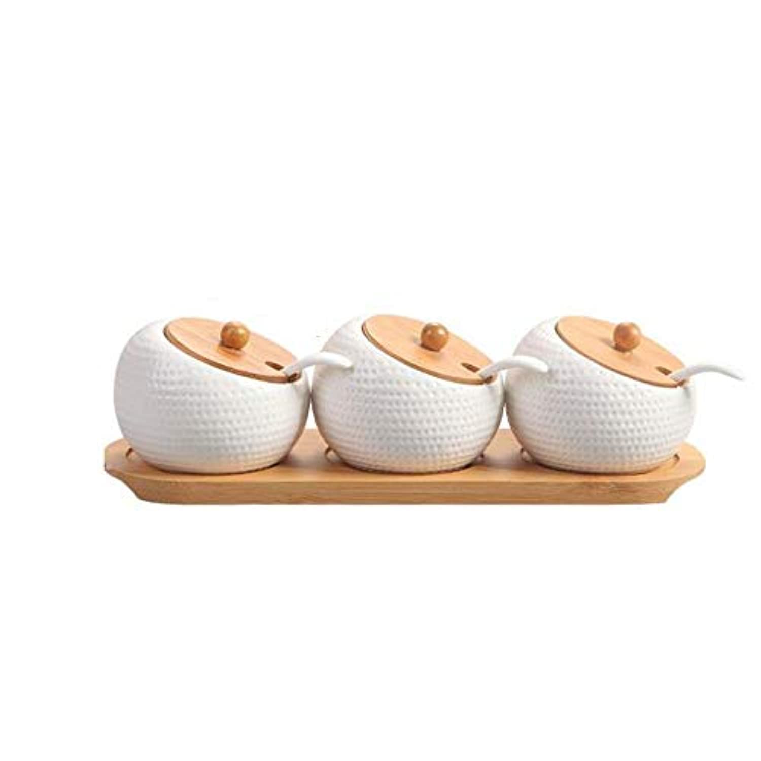 Set of 3 Home Spice Container Jar Condiment Dispenser Salt Spice Storage Wooden Cover With Stand - White