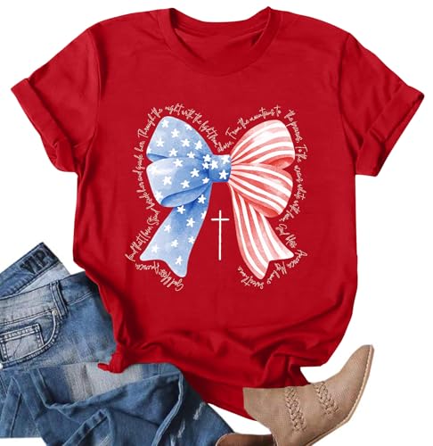 Image of Ithalt Christian Tshirt Womens 4th of July Shirt American Flag T Shirt USA Patriotic Tees Faith Short Sleeve Tops