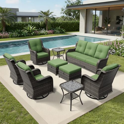 Image of Joyside 9 Piece Wicker Patio Furniture Set, Outdoor Swivel Rocker Patio Chairs with High Back, Deep Seating, Wide Armrest, Thickened Cushions, Outdoor Furniture for Deck, Porch Use