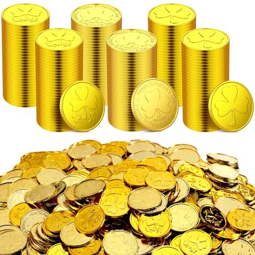 Sanwuta 1000 PCS St. Patrick's Day Gold Coins Plastic Lucky Shamrock Leprechaun 3 Leaf Clover Coins for St Patricks Party Decoration Favors, 1.4 Inch (Vibrant Style)