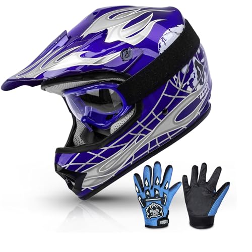 TCMT Dot Youth & Kids Motocross Offroad Street Blue Skull Motorcycle Youth Helmet Dirt Bike Motocross ATV Helmet+Goggles+Gloves S