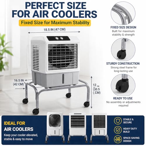 Image of Heavy-Duty Metal Cooler Stand with 360 Rotatable Wheels - Universal Fit for Kenstar, Bajaj, Symphony, Havels & Maharaja Coolers - Rust-Proof Powder Coated Finish - Sturdy & Durable Design (Black)