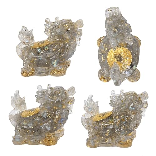 Nupuyai 2pcs Labradorite Crystal Stone Animal Statue Gold Coin Dragon Turtle Figure Set - Image 3