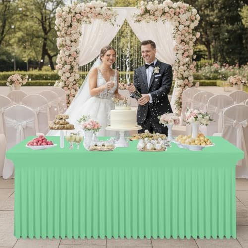 Image of Smiry Spandex Elastic Fitted Table Cloth Skirt for 6FT Rectangle Table | Stretch Washable Table Cloth, Banquet Table Cover for Wedding, Party, Indoor & Trade Shows, (Bright Green, 72Lx30Wx30H)