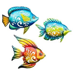 BVLFOOK Coastal Wall Decor Ocean Sea Metal Fish Wall Decor Hanging Wall Art Decoration for Indoor Outdoor Beach Nautical Tropical Fish Wall Sculpture for Pool Bathroom Bedroom Patio