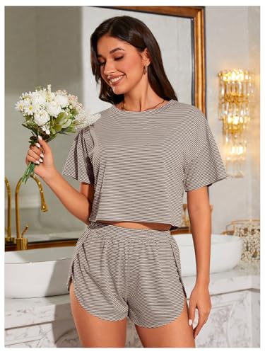 Image of OYOANGLE 2 Pack Pajama for Woman Set Summer Cute PJ Sets Striped Short Sleeve Tshirt and Split Shorts Lounge Set