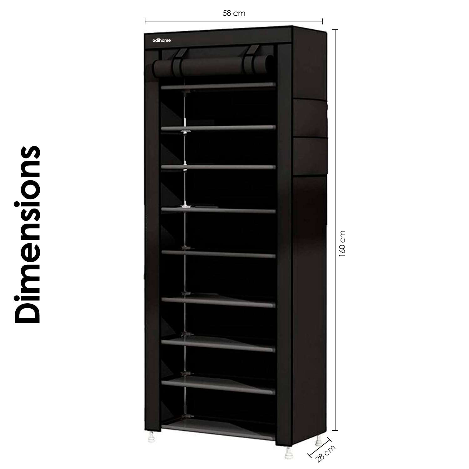 edihome, Scarpiera, di Tessuto a 10 ripiani, (58 x 28 x 162 cm), Scaffale Portascarpe con Copertura, per Scarpe da Ginnastica, Ciabatte, Tacchi Alti (Nero)