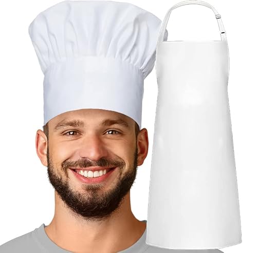 MFAZ Morefaz Ltd Ensemble tablier blanc noir + chapeau de chef poche barbecue traiteur cuisine tablier cuisine, Set blanc, taille unique