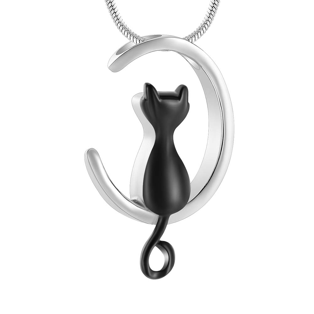 Minicremation Guard my Cat Cremation Urn Necklace Memorial Jewelry for Pet's Ashes Holder and Free Fill Kit For Women (sliver with black)