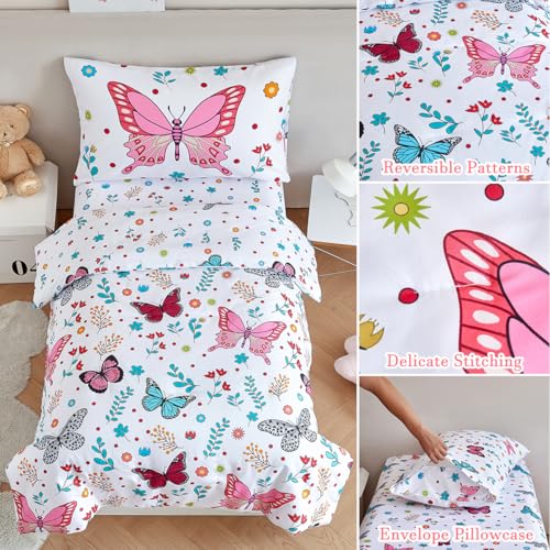 Image of PERFEMET 4-Piece Girls Butterfly Bedding in Pink Floral - Reversible Colorful Flower Toddler Bed Comforter Set for All Season (White, Butterfly)