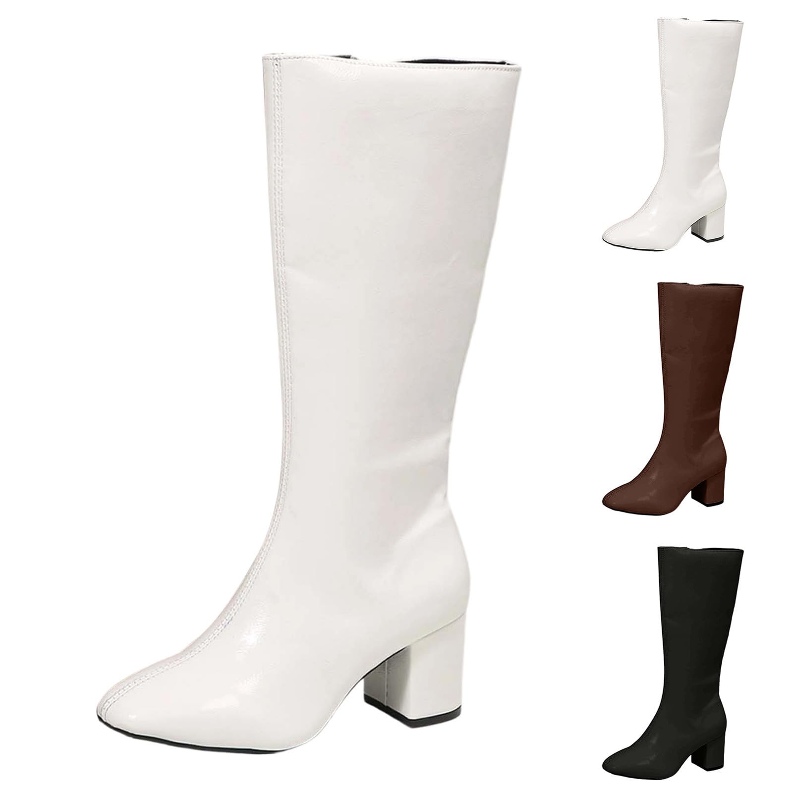 Generisch Bottines d'équitation tendance pour femme en cuir avec bout rond, talon épais et plate-forme, longueur mi-mollet, avec fermeture éclair, chaussures décontractées confortables pour l'hiver