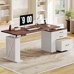 Bureau électrique avec tiroirs, bureau d'angle réglable en hauteur de la ferme, bureau de bureau assis 4 AC Sorties & Port de type C, Bureau d'informatique de direction, Brown & blanc