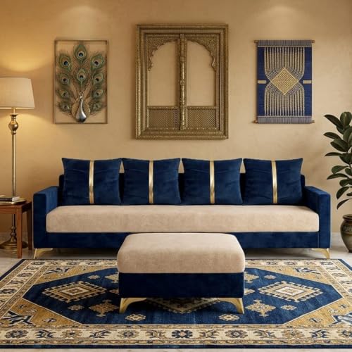 Image of Caviar 5 Seater L Shape Sofa Set with Movable Ottoman | Flexible Layout | Luxury Velvet Suede Fabric | Modern Living Room Sofa | Dark Blue-Cream