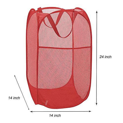 Image of Larpur Popup Mesh Laundry Basket, Collapsible and Portable Clothes Washing Laundry Hamper with Reinforced Carry Handle (Red)