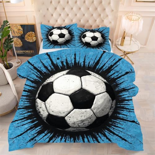 Gumntun Couette 160x200 cm Ballon de Football Bleu, Célibataire Couverture Microfibre Imprimée Lavable en Machine, Parure de Lit 4 Saisons Légère Chaud avec 2 Taies d'oreiller