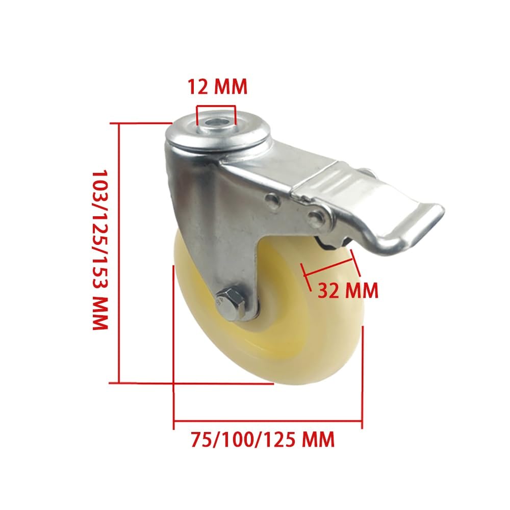 Ruote girevoli con Doppio Cuscinetto da 5 Pollici, Confezione da 4, con Freno, Foro da 12 mm, Ruote universali in PP per carichi Pesanti, per scaffali, carrelli della Spesa e mobili