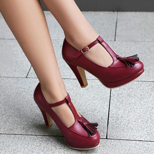 Alyaafifa Chunky High Heel Pumps for Women with Bow Knot Platform Closed Round Toe Ankle Strap Matte Leather Mary Jane Dress Shoes Wedding Office Evening4