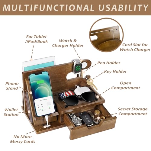 Funistree Gifts for Men Him Husband Dad, Wood Phone Docking Station with Drawer, Birthday Anniversary Men Him Husband Boyfriend Gifts from Girlfriend, Mens Nightstand Organizer Presents Ideas