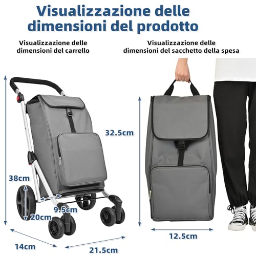 LEUYA ABC Einkaufswagen, zusammenklappbar, leicht, mit Kühltasche, 6 Räder, 45 l, Einkaufstrolley, aus Aluminium, robust, Blau – Bild 4