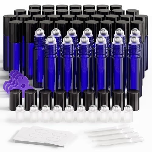 ULG Essential Oil Roller Bottles 48 Pack 10ml Cobalt Blue Glass Empty Bottles with Stainless Steel Roller Balls (10 Extra Roller Balls, 4 Openers, 4 Droppers, 48 Waterproof Labels)