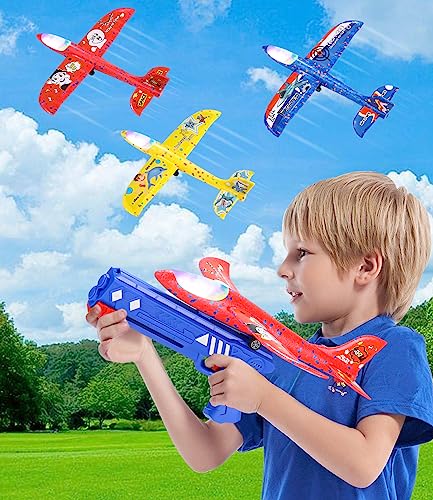 Birshe Avion planador 4 peças brinquedos avião voador crianças avião brinquedo meninos planos de espuma com pistola lançador desportos ao ar livre brinquedo voar para meninos meninas 3 4 5 6 7 8 9 10