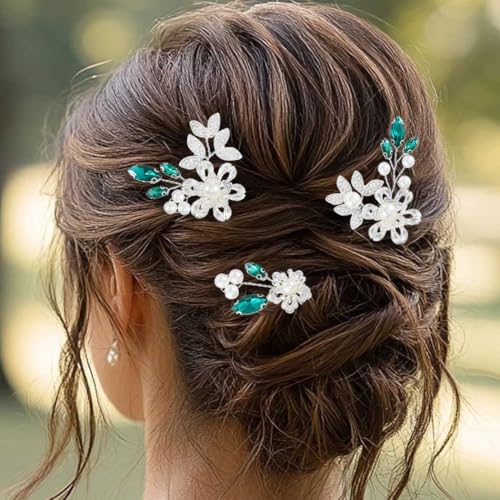 HEREAD Crystal Bride Wedding Hair Pins Silver Flower Bridal Hair Pieces Pearl Hair Accessories for Women and Girls (Pack of 3) (Green)